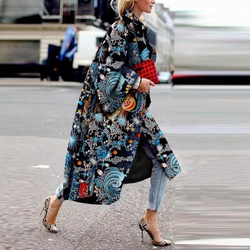 Модная женская карманная куртка с принтом, верхняя одежда, кардиган, пальто, длинный плащ