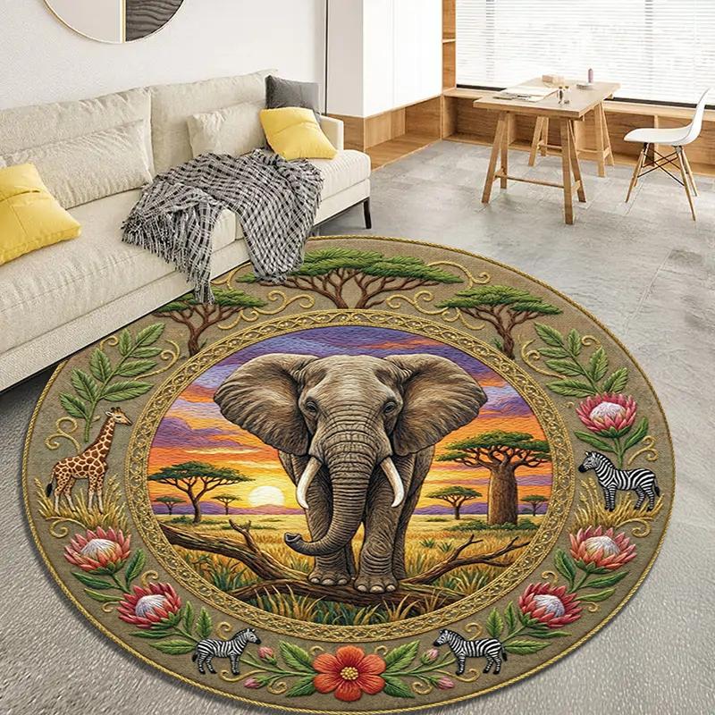 Elephant Decoration Round Area Rug,Carpet Rug for Living Room Bedroom Sofa Playroom Decor,Non-slip Floor Mat98