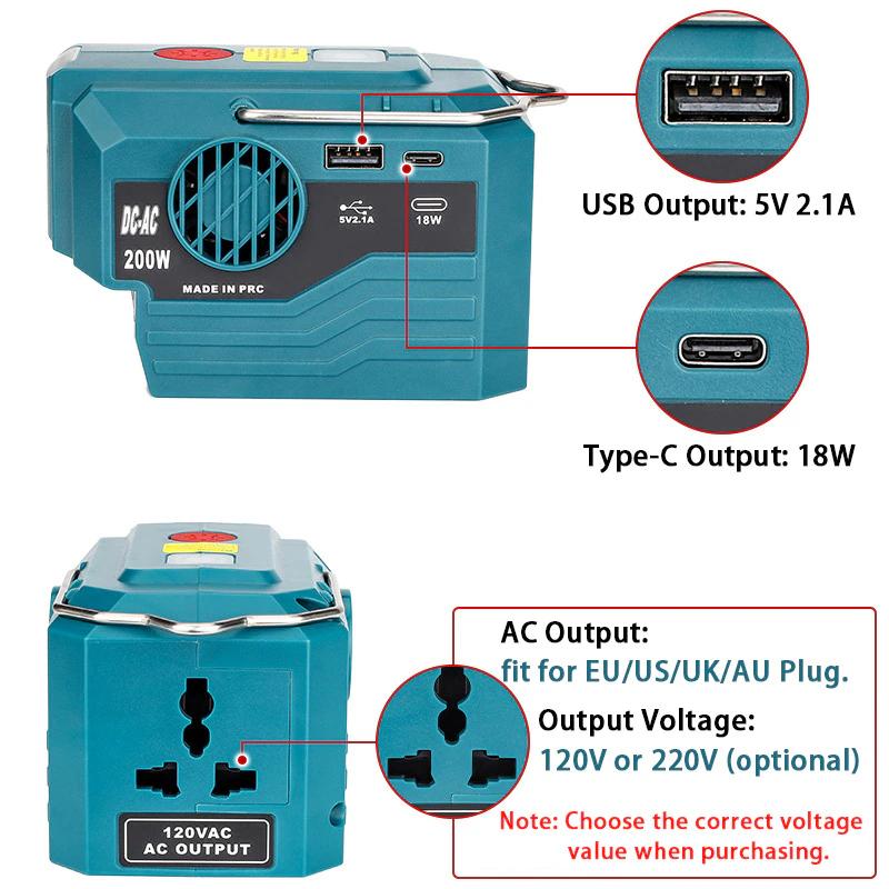 Инвертор питания для аккумулятора Makita 18V, DC 18V в AC 120V/220V, портативная электростанция с USB, Type-C, светодиодный фонарь 280 лм для кемпинга