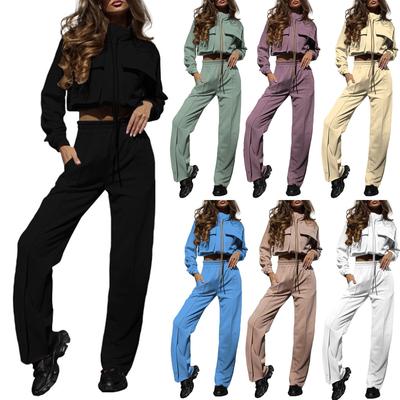 Женская мода, повседневный спортивный однотонный топ на молнии с двойной сумкой и длинными рукавами на шнуровке, брючный костюм