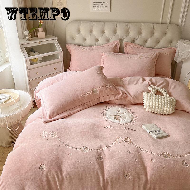 Four Piece Patch Embroidered Coral Velvet Quilt Cover With Thickened Flannel Bed Sheet Quilt Cover In Winter