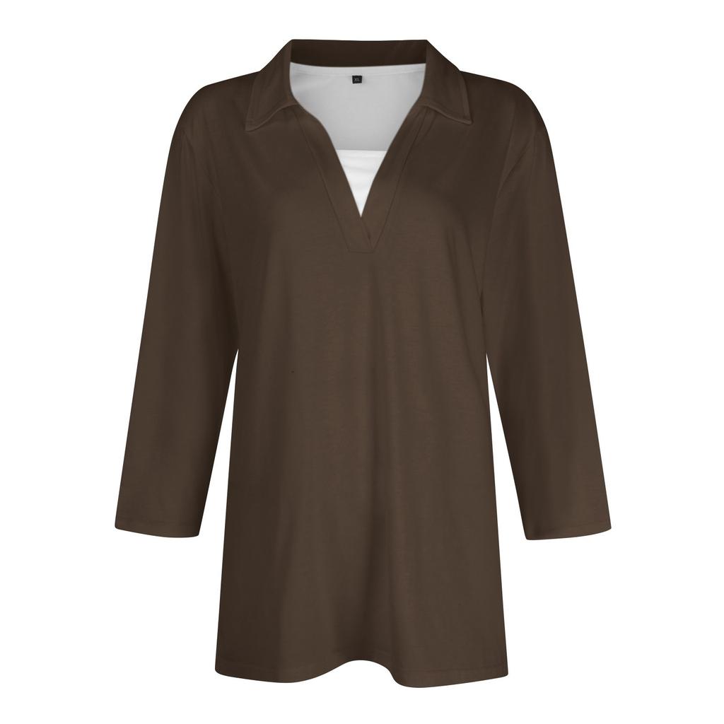 Женская модная повседневная свободная однотонная футболка с рукавом 3/4 с лацканами, женский топ