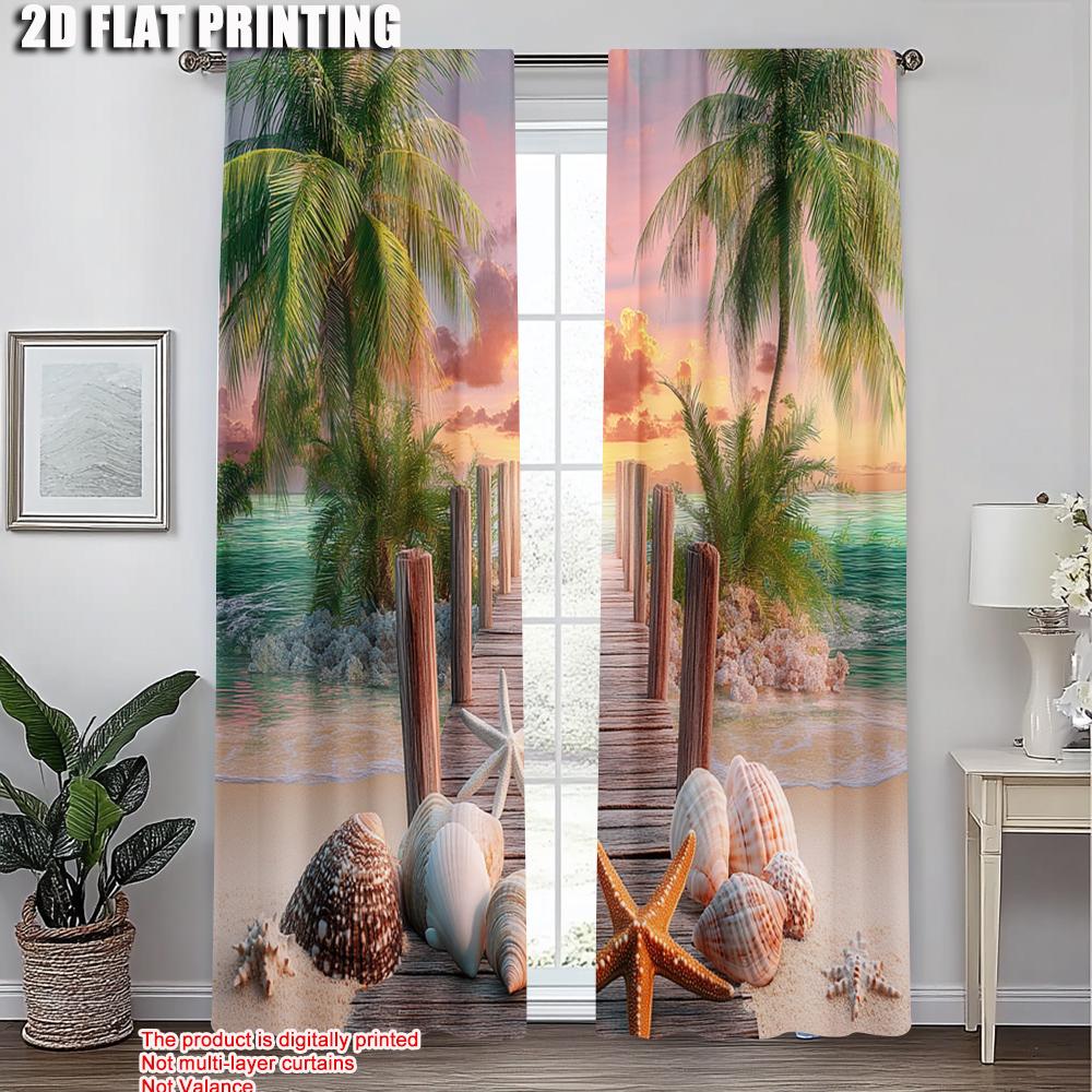 2 шт., Высококлассные шторы 2D-принт Пальма Природа Океан Закат Полиэстер Тканый (без удилища) Праздничное использование для гостиной и