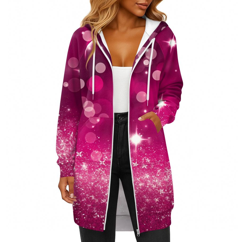 Women's Fashionable Christmas Printed Long Sleeved Drawstring Hooded Zipper Pocket Long Casual Sweatshirt Jacket