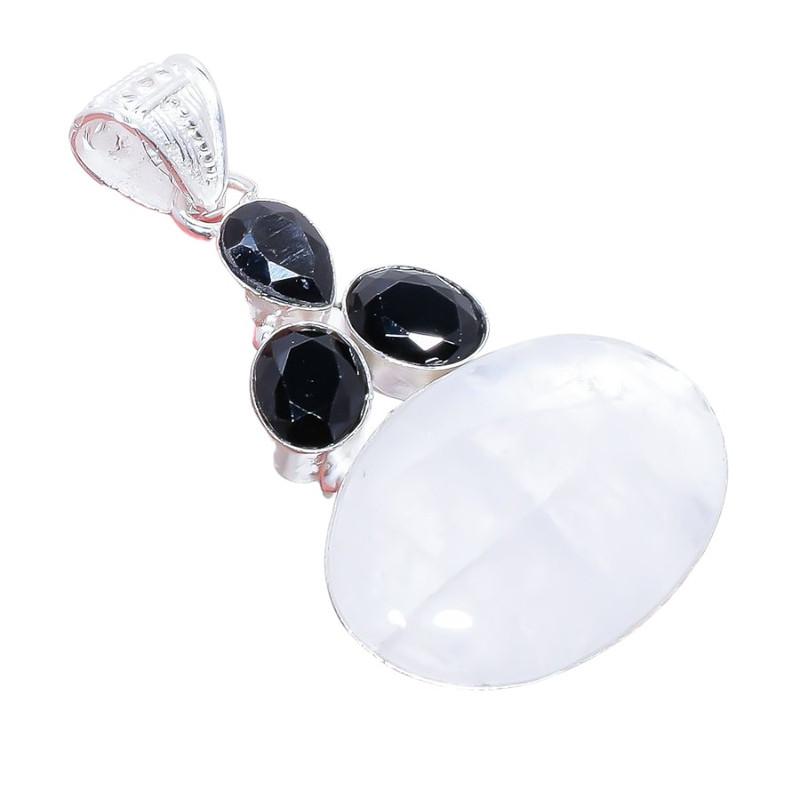 Rainbow Moonstone, Black Onyx 925 Sterling Silver Jewelry Pendant 2.3" AH-3307