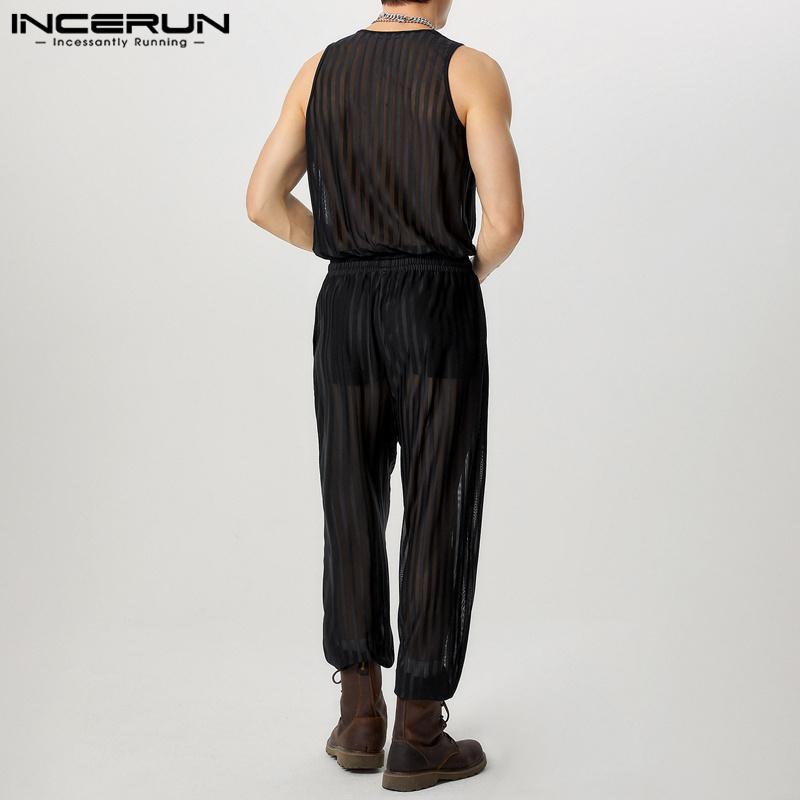 INCERUN Мужской комбинезон без рукавов с глубоким V-образным вырезом, из прозрачной сетки, с кулиской