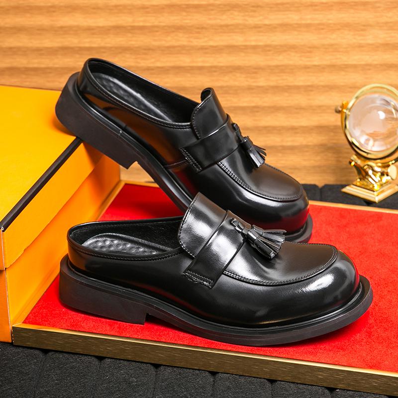 Fashion Men Fashion Tassel Shoes Black PU Thick Sole Anti Slip One Step Step Business Brand Half Slippery Leather Shoes 38-46 Men Shoes