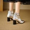 FOREADA Women Ankle Boots Pointed Toe Thick High Heels Buckle Zipper Metallic Short Boots Ladies Fashion Shoes Autumn Winter