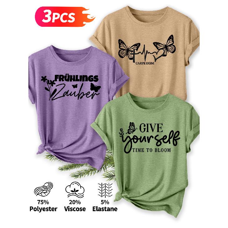 Three-piece set Elegant short-sleeved shirt for women Butterfly Spring Inspirational Slogan Print Pattern Round Neck Short Sleeve Casual Style