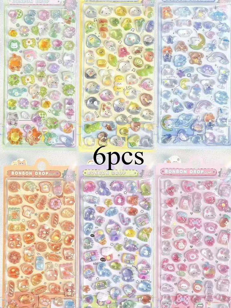 3D Тисненые Алмазные Наклейки 6 Листов Тема Мультфильмов, ПВХ Крафт Наклейки для Скрапбукинга и Украшения Канцелярских Товаров - Идеальный DIY