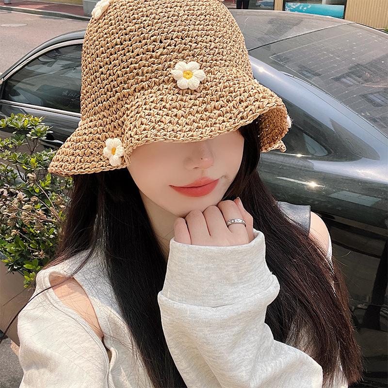 Flower Straw Bucket Hat Women's Summer Breathable Face Small Woven Straw Hat Sunshade Sunscreen Seaside Vacation Hat Tide