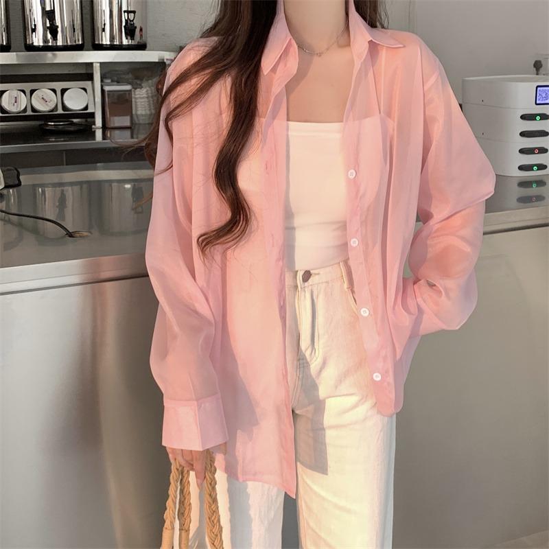 Back Split Lace-up Casual Loose Shirts Women Fashion New See Through Long Sleeve Women's Blouses Thin Breathable Sun Protection Office Lady Tops 26108