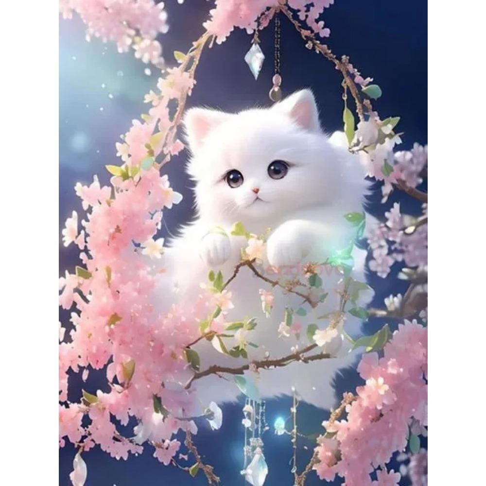 Алмазная картина, полная дрель, милый белый кот, квадратная круглая алмазная живопись, ручная работа, цветочный пейзаж, сделай сам, алмазная мозаика, картина, украшение дома
