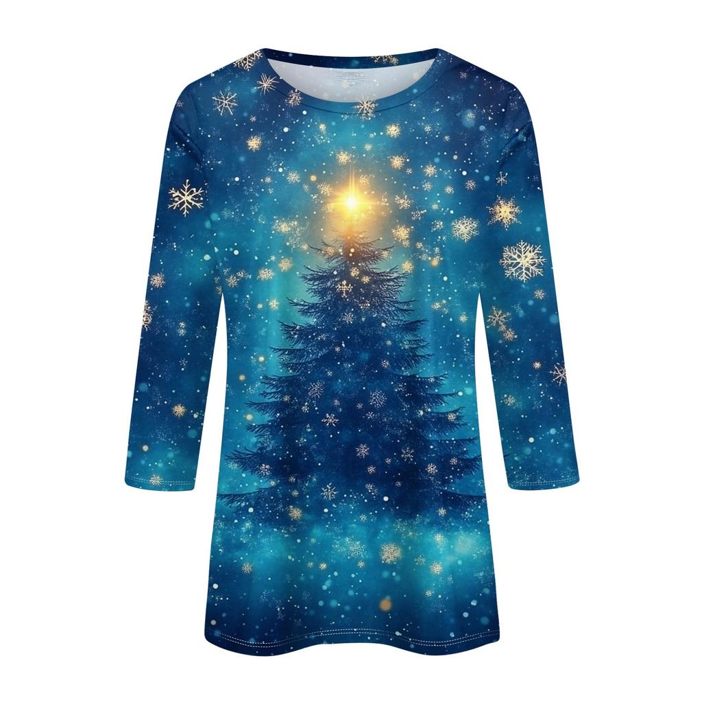 Женская повседневная футболка с круглым вырезом и рождественским принтом снежинок, рукав три четверти, топ, пуловер