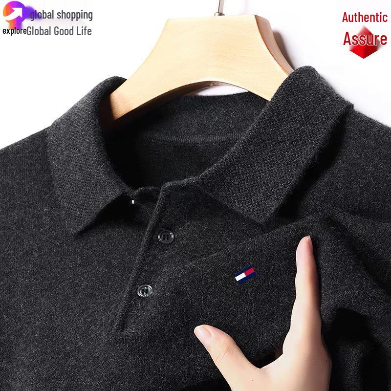 Оригинальный мужской джемпер Tommy из кашемира с длинным рукавом - Однотонный, с вышивкой, с воротником, большого размера, универсальный вязаный базовый слой.