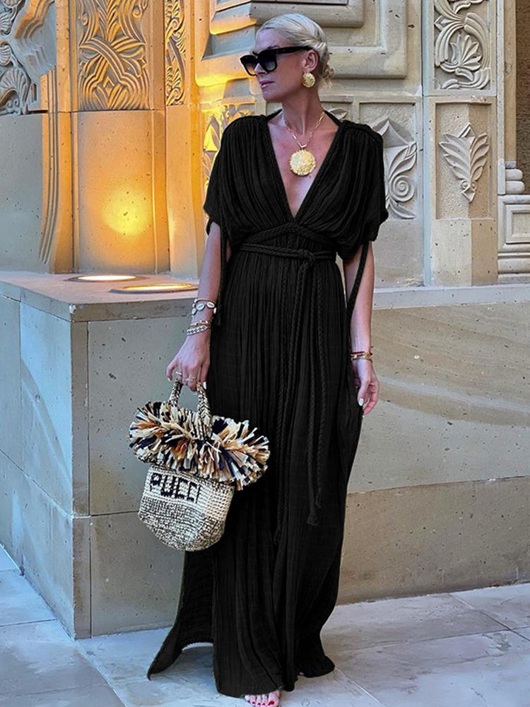 EDOLYNSA Элегантное женское платье знаменитостей с глубоким V-образным вырезом, вязаное плетеное веревочное летнее вечернее платье макси, туника, пляжная одежда, купальник, накидка A2848