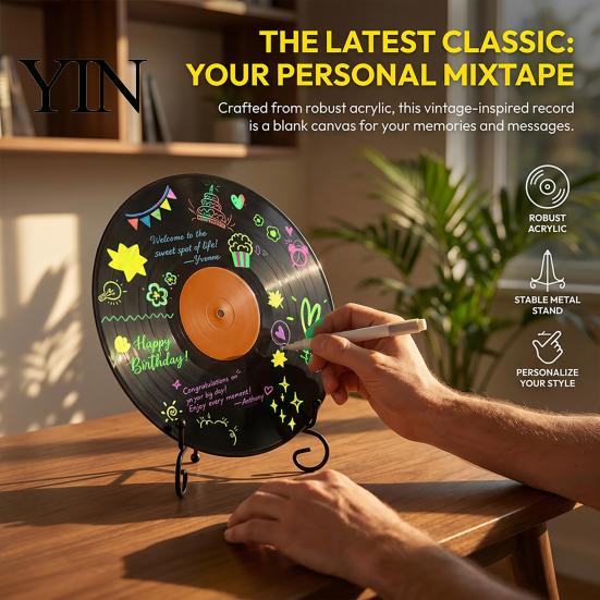 Erasable Vinyl Record Board DIY Graffiti Clock Ornament, Reusable Blank Acrylic Retro Tabletop Hanging Display Wall Decor with Stand, Personalized
