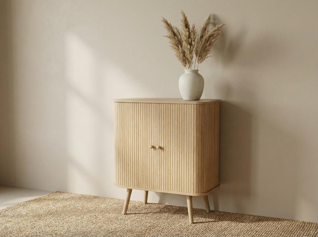 Komoda ryflowane fronty dąb boho drewniane nogi 85 cm