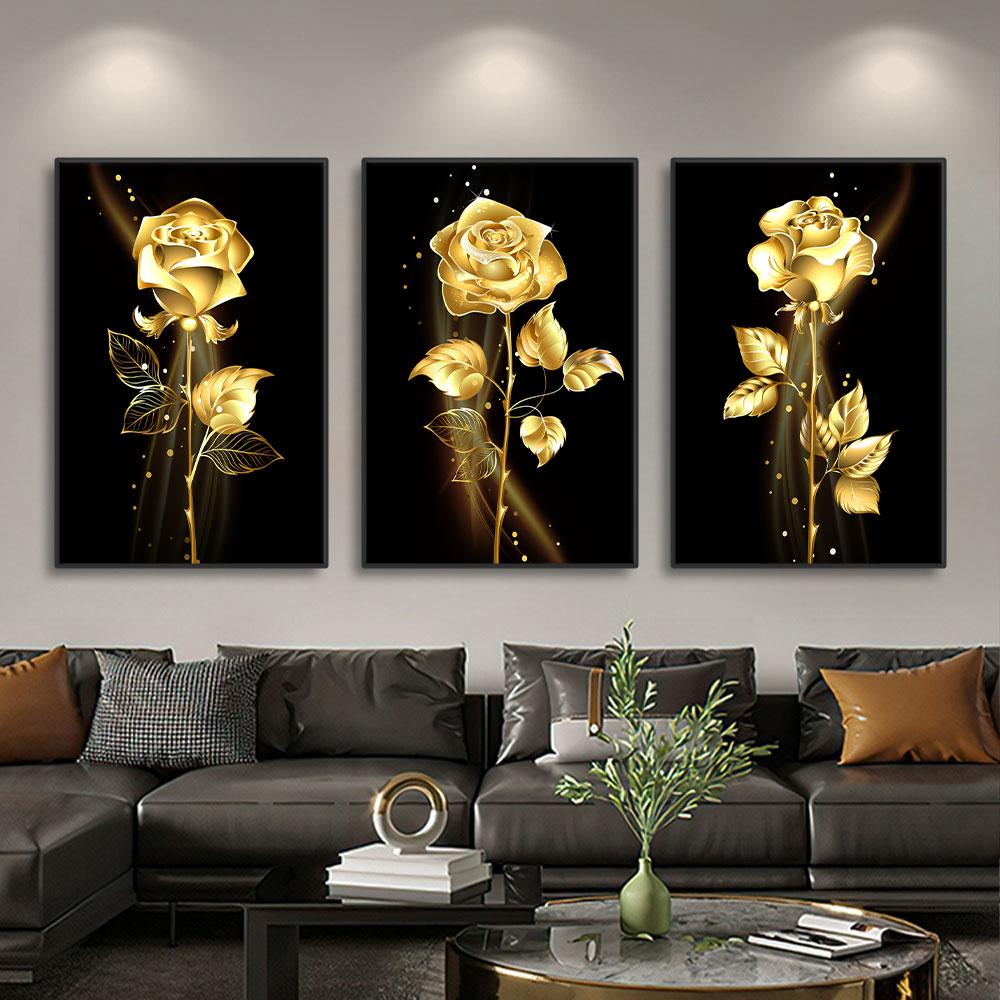 3pcs Gold Rose Flower Black Canvas Paintings Nordic Modern Living Room Wall Art Decorative Pictures Wall Artwork Posters Prints