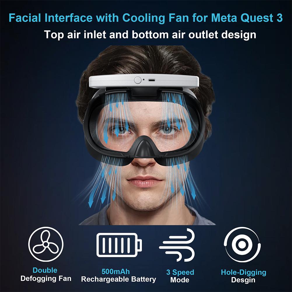 VR Cooling Fan Air Circulation Breathable Cooling Fan Face Cover 3 Speeds with PU Face Cushion Pad for Meta Quest 3 VR Headset