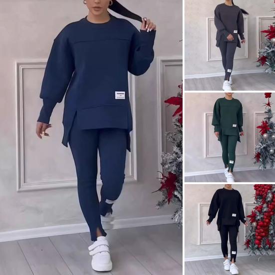 2 Pcs/Set Women Top Pants Suit Round Neck Long Sleeve Slit Hem Sweatshirt Elastic Waist Solid Color Slim Fit Trousers Winter Daily Wear Outfit