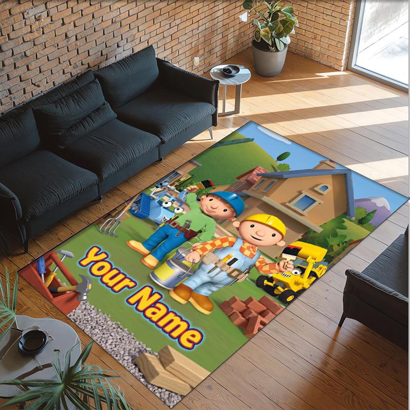Personalized Crystal Velvet Carpet Custom Name Text,Bob the Builder Anti Slip Area Rug For Home Decoration