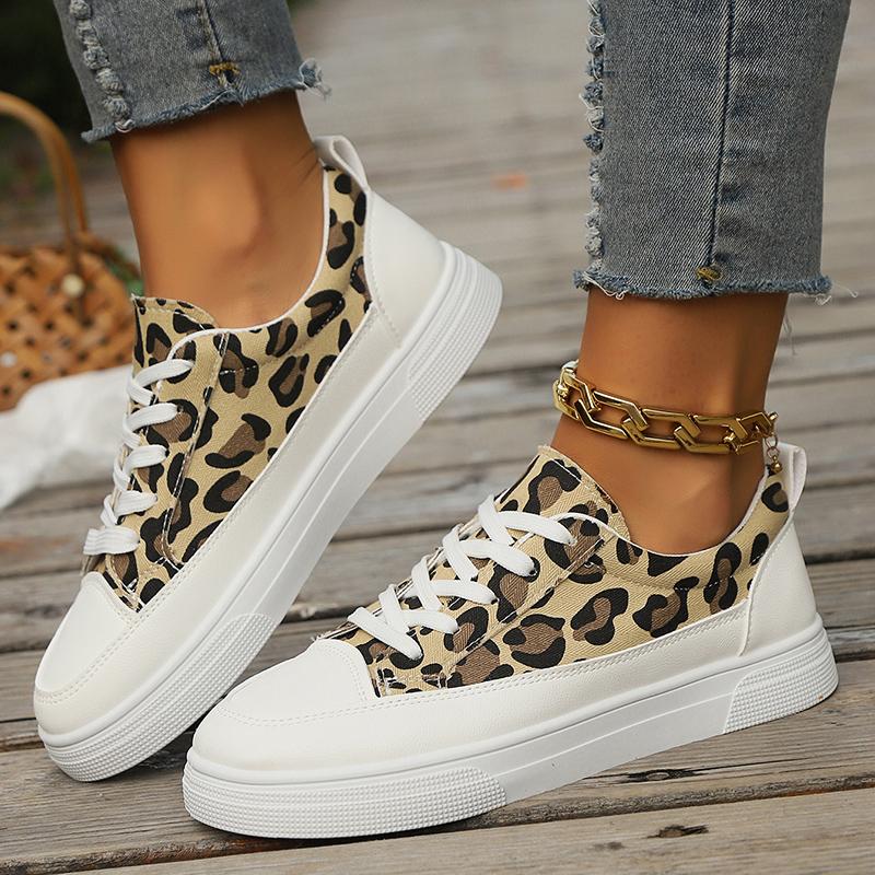 Мода Модные леопардовые кроссовки на платформе для женщин 2024 года, легкие нескользящие кроссовки для ходьбы, женские повседневные парусиновые туфли на шнуровке на плоской подошве