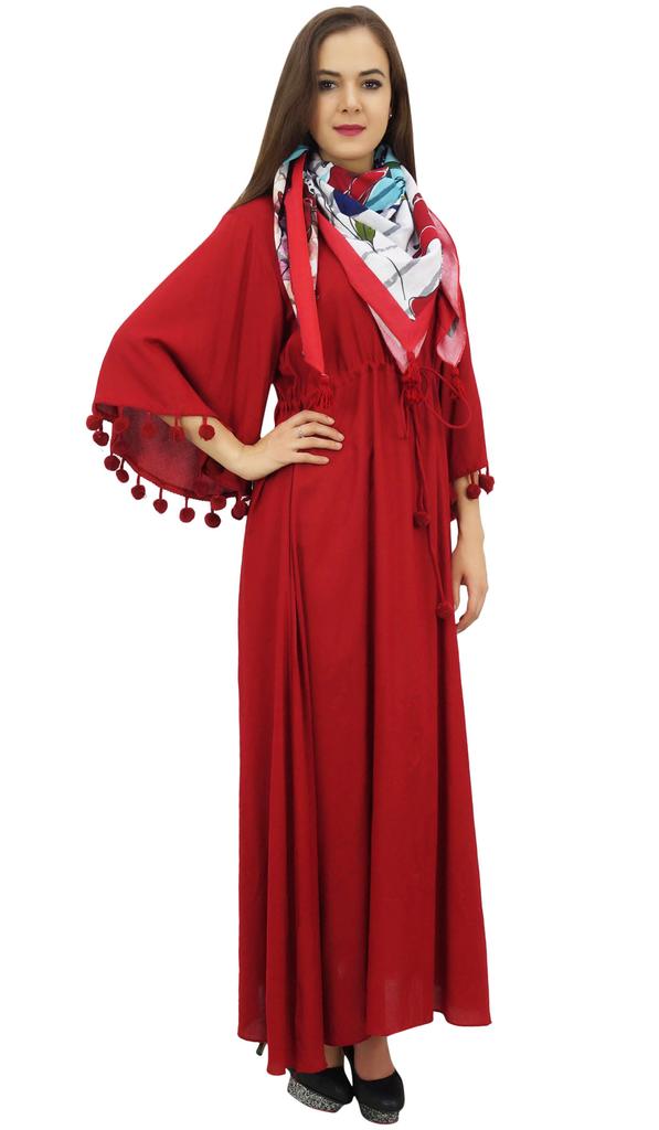 Bimba Женское повседневное платье макси с помпонами и рукавами-колокольчиками цвета морской волны с шарфом -