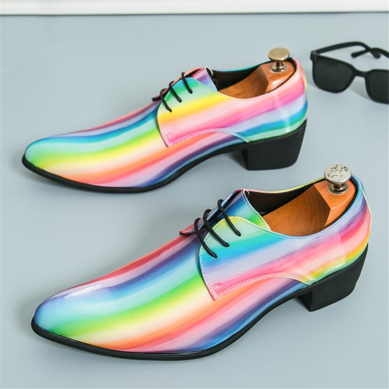 Britain Fashionable Men's Pointed Rainbow Pattern Lace Up Casual Dress Homecoming Shoes Male Formal Wedding Oxfords Footwear