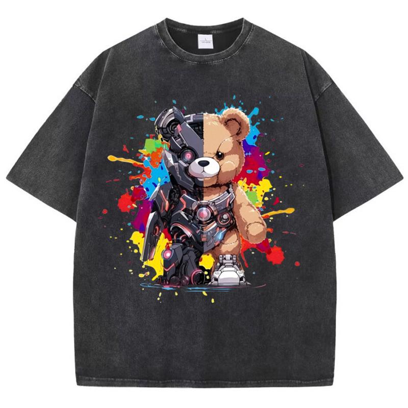 Женские хлопковые выстиранные футболки Модные свободные футболки с круглым вырезом и принтом медведя Меха-воина, с коротким рукавом, женская одежда