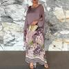 Fall Spring Women Dress Oversized Floral Printing Color Matching Robe Type Long Bat Sleeves Round Neck Irregular Hem Pullover Party Dating Maxi Dress