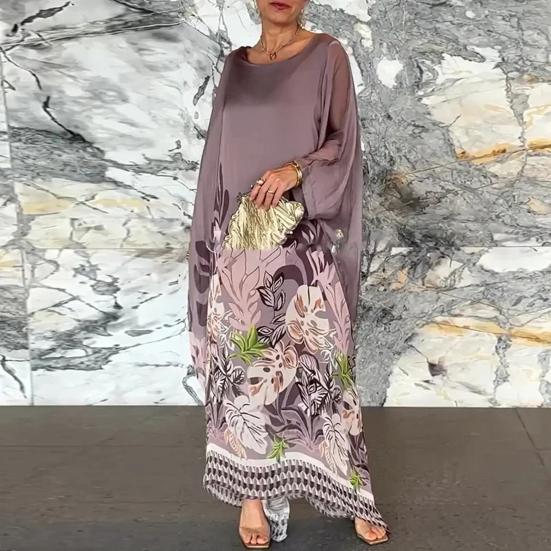 Fall Spring Women Dress Oversized Floral Printing Color Matching Robe Type Long Bat Sleeves Round Neck Irregular Hem Pullover Party Dating Maxi Dress