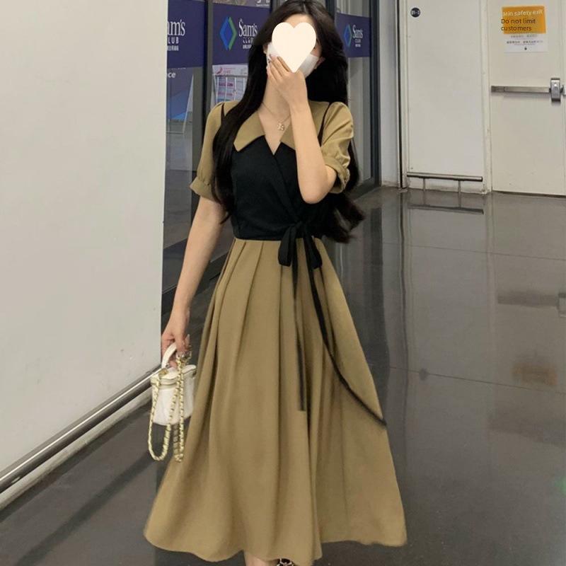 Платье-двойка в стиле французского ретро — женское, большого размера, средней длины, для лета