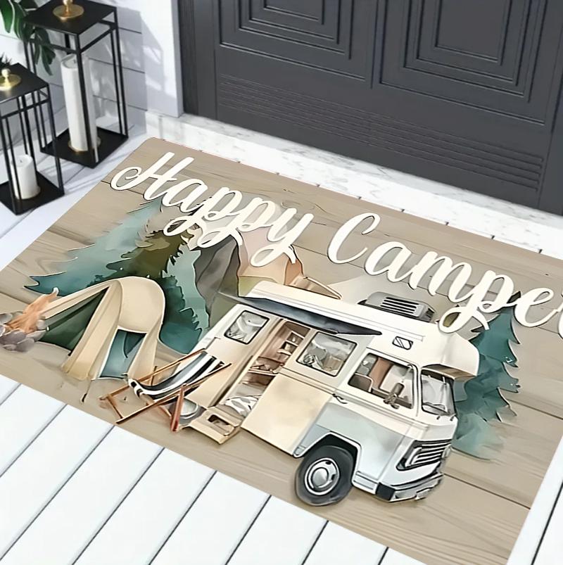Happy Camper Welcome Mat - Non-Slip Rustic Entryway Rug - Charming Forest Camping Theme Indoor Floor Carpet Decor