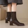 Женские кожаные ботинки Мартин на осень и зиму, задняя молния, резиновая подошва, большой размер, кожаные ботинки, корейская версия, квадратный носок, средний каблук, полусапожки w