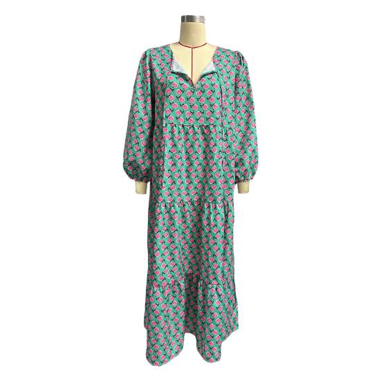 Женское платье в стиле бохо с V-образным вырезом, рукавами-фонариками, А-силуэтом, с плиссировкой и принтом, длиной до середины голени, пляжное платье для отдыха