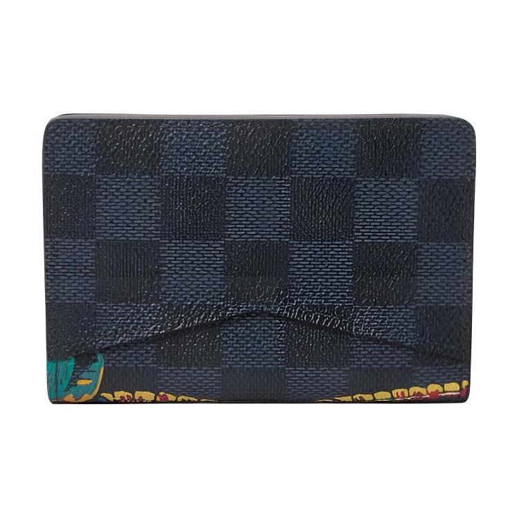 Louis Vuitton Graffiti Pattern Checkered Double Fold Design Coated Canvas Wallet Unisex Wallet Black M63508
