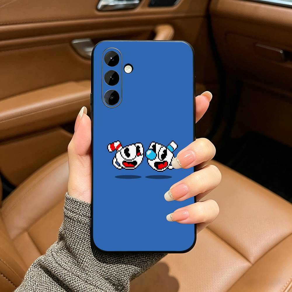 Cute CupHead And MugMan Phone Case For Samsung Galaxy A73,A71 A72,A70,A53,A52,A51,Soft Silicone Black Cover