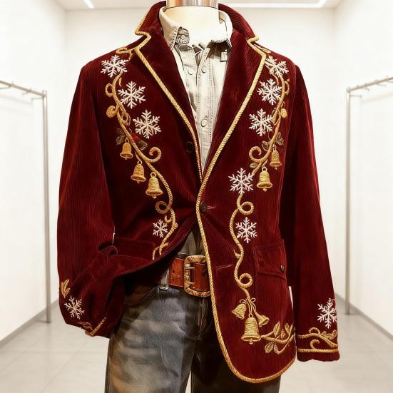 Men Corduroy Suit Coat Single-Breasted Suit Jacket Lapel Long Sleeve 3D Christmas Themed Print Slim Fit Suit Jacket Formal Stage Wear
