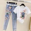 Suit Summer Heavy Industry Beaded Embroidery Short-sleeved Feet Ripped Jeans Women