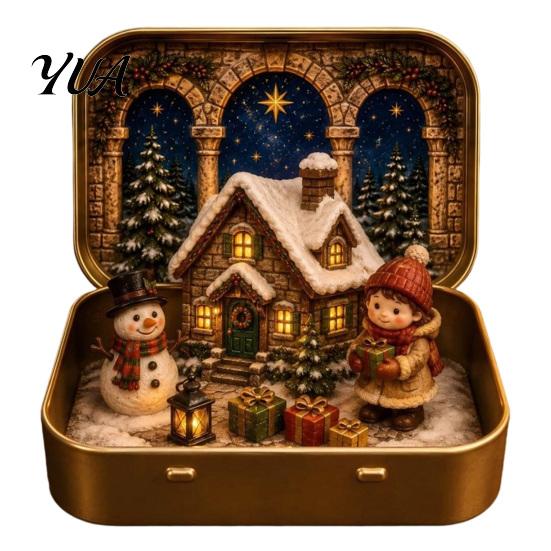 Tiered Scene Decoration Mini Christmas Set in A Tin Box, Pocket Size Holiday Small Tabletop Decor Box with Miniature Figures, Collectible for