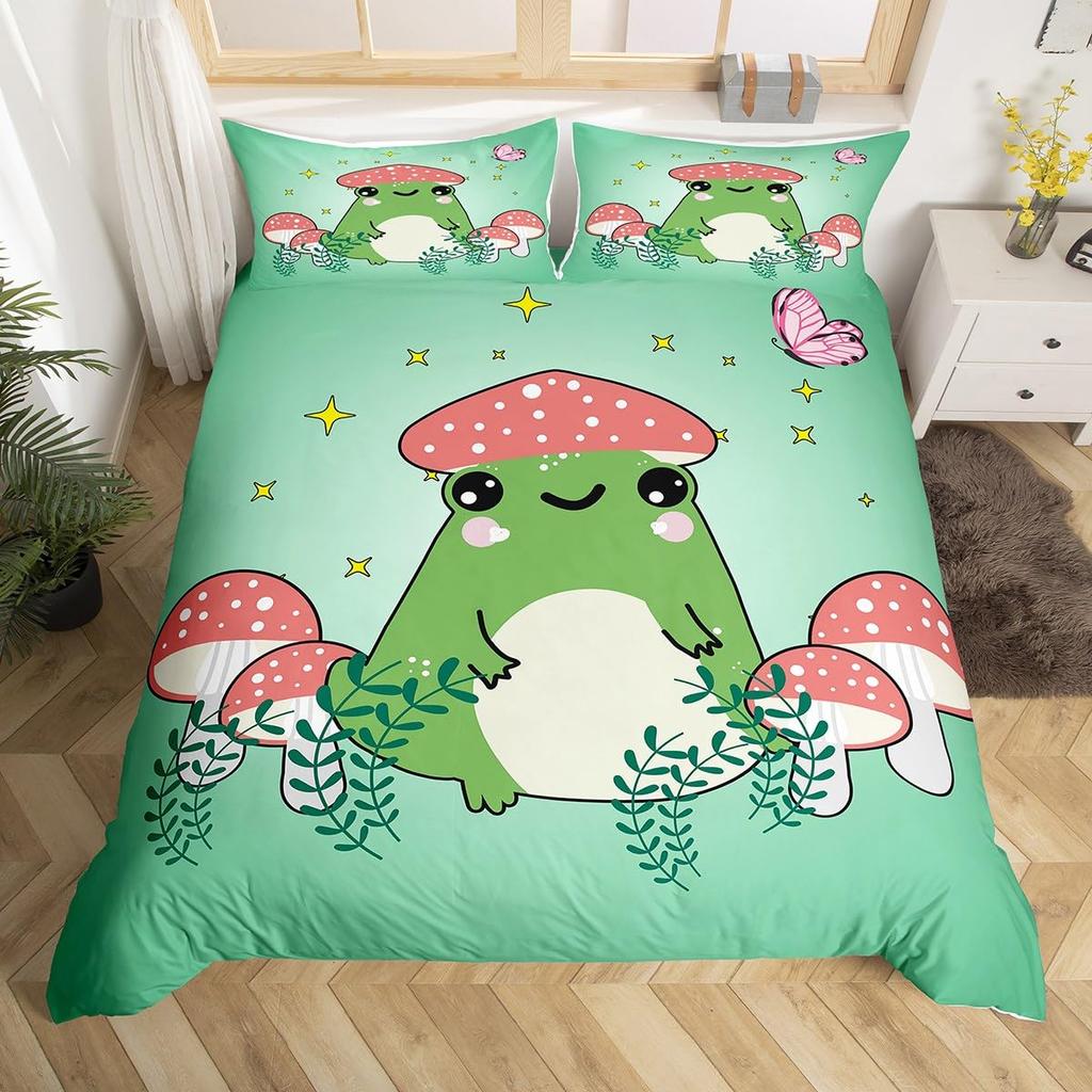 Пододеяльник с изображением лягушки-гриба, размер Twin, милый кавайный зеленый чехол для одеяла с изображением животных, кленовых листьев, орехового растения, пододеяльник