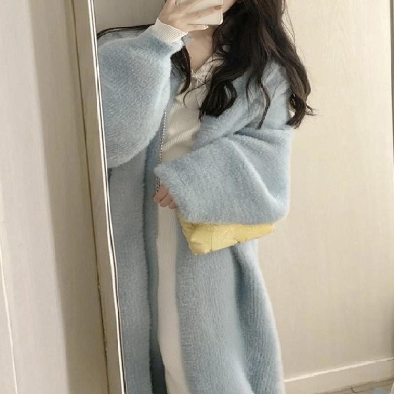 Пушистый Длинный Кардиган Женский Элегантный С Длинным Рукавом Меховой Свободный Женский Вязаный Свитер Пальто 2026 Осень Зима Уличный Макси Леди Верхняя Одежда