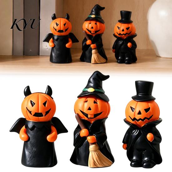 Small Desktop Sculpture 3Pcs Halloween Pumpkin Ghost Figurine, Resin Spooky Tabletop Decor Playful Home for Bookshelf And Tiered Tray, Indoor Holiday