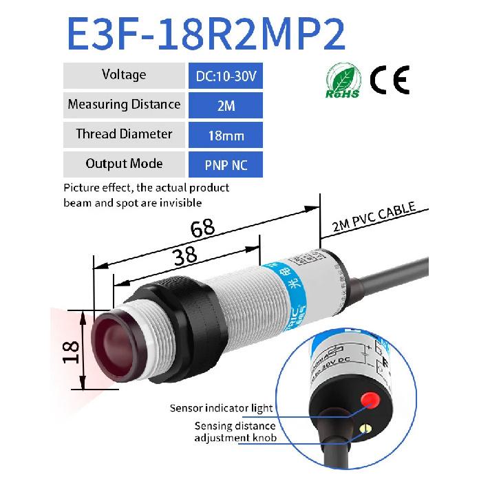 GTRIC Photoelectric Sensor Retro-reflective Sensing Distance 2M 10-30V 3-wire NPN PNP 90-250VAC Photo Switch With Reflector