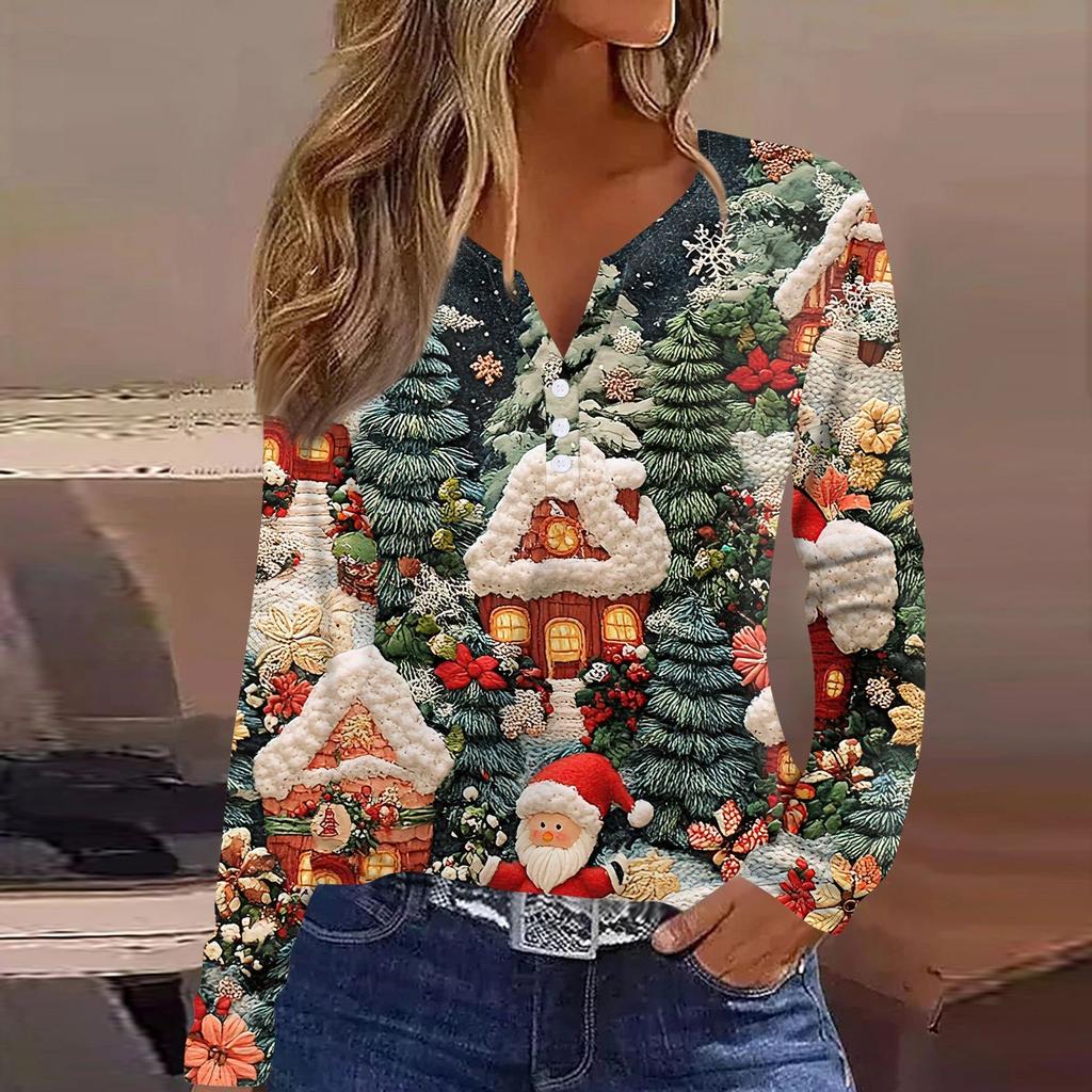 Women's T Shirt Tee Christmas Print Button Long Sleeve Daily Weekend Fashion Basic V- Neck Regular Top