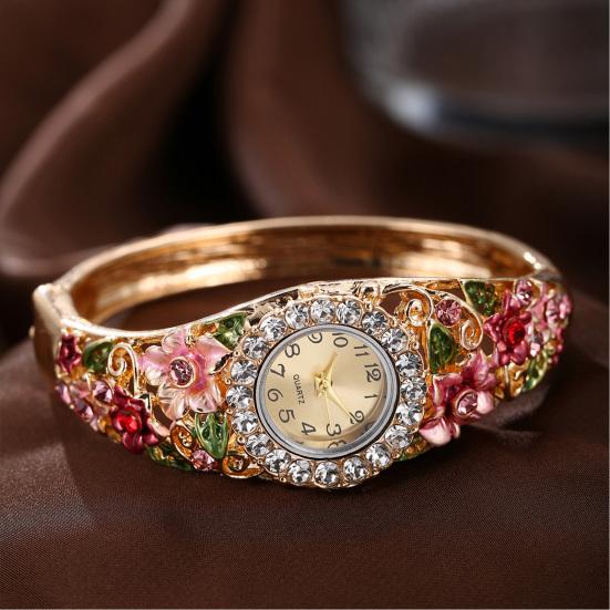Ladies Floral Bangle Watch Rhinestone Round Dial Watch Elegant Quartz Wristwatch Sparkly Women Timepiece Gift for Mom Wife