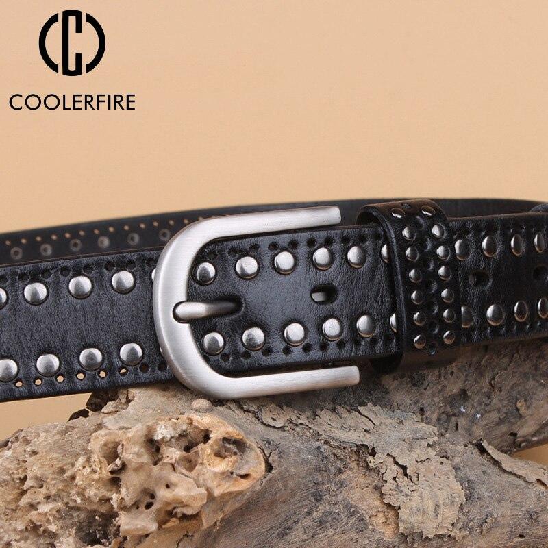 Мужской и женский ремень из 100% коровьей натуральной кожи, модный повседневный женский ремень в стиле панк с полыми заклепками для джинсов, трендовый ремень PK001