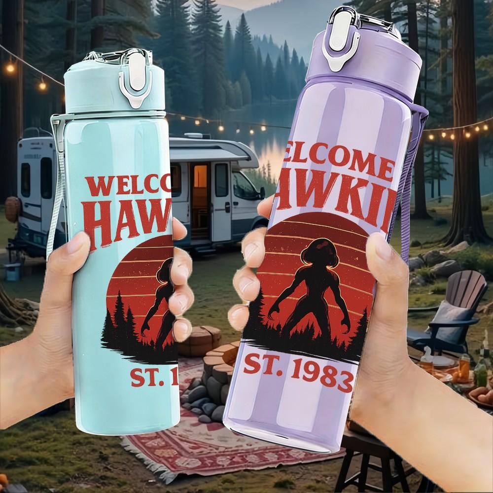 1PC Welcome To Hawkins Retro Poster Print 750ml Color Plastic Sports Water Bottle Leakproof Flip Straw Lid Suitable for Sports Office Home Use