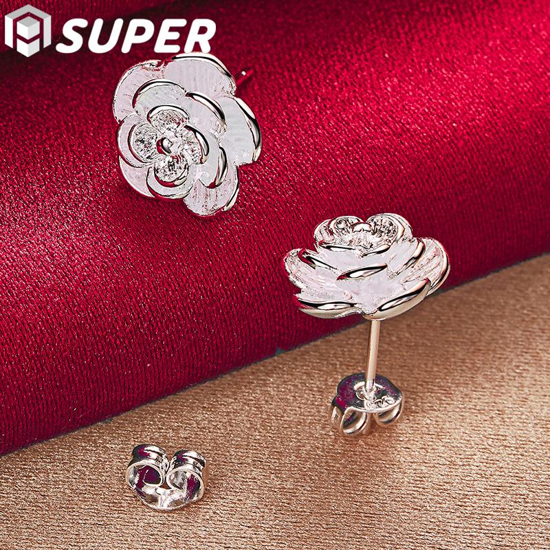 925 Silver Rose Flowers Stud Earrings Jewelry